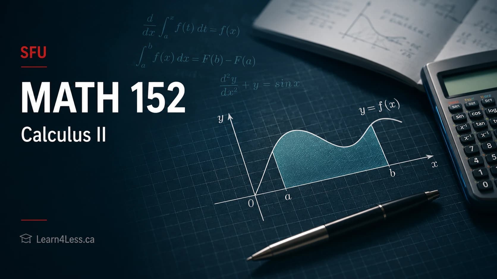 SFU MATH 152 course card for Calculus II. A shaded region under y = f(x) is labelled ∫ₐᵇ f(x) dx = F(b) − F(a), beside the equation d²y/dx² + y = sin x, over a photograph of grid paper, a calculator and a pen.