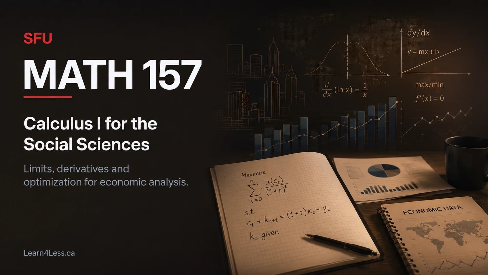 SFU MATH 157 course card for Calculus I for the Social Sciences, in warm amber. A handwritten utility maximisation problem with a budget constraint, beside d/dx(ln x) = 1/x, the condition f′(x) = 0, and a city skyline.