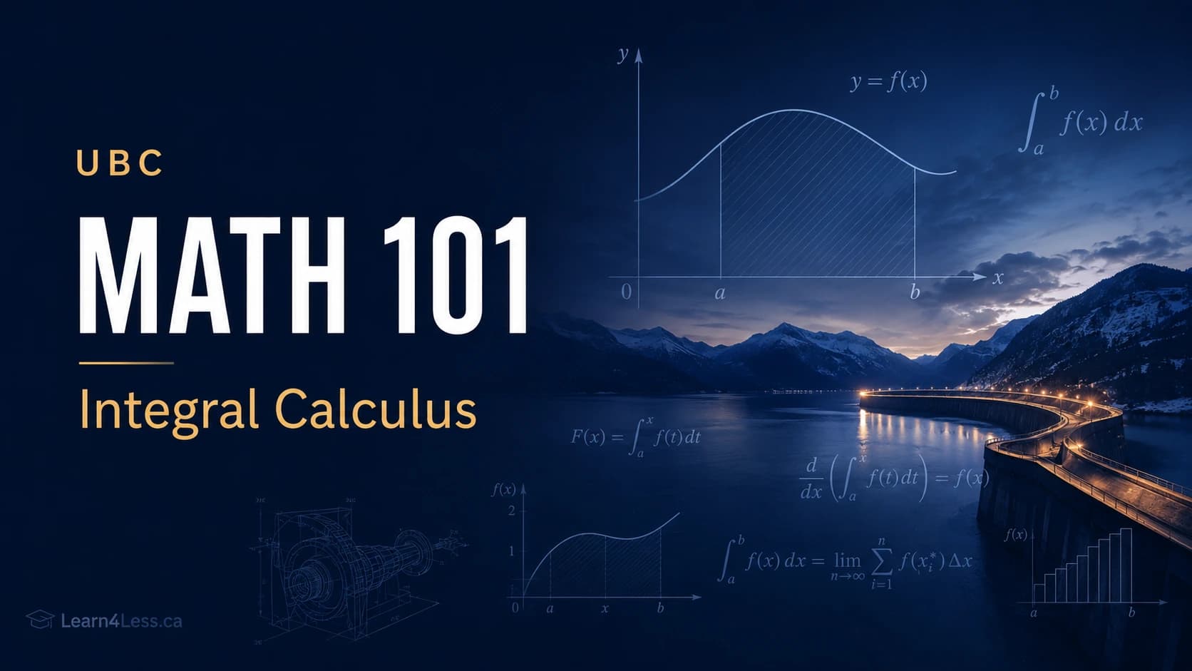 UBC MATH 101 course card for Integral Calculus. The area under y = f(x) from a to b is shaded and labelled ∫ₐᵇ f(x) dx, beside the Fundamental Theorem of Calculus and a Riemann sum, over a photograph of a reservoir at dusk.