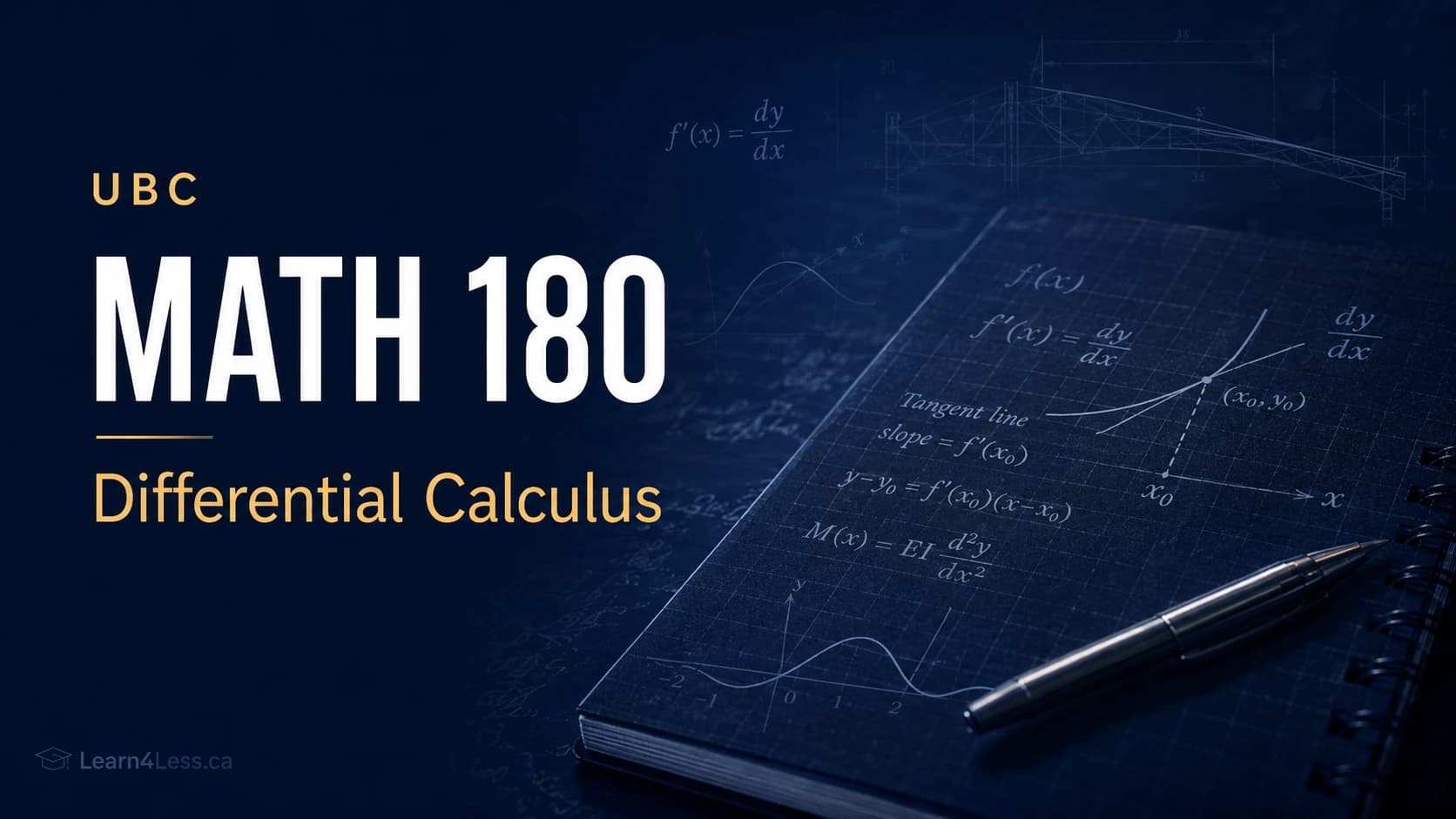 UBC MATH 180 course card for Differential Calculus. An open grid notebook and pen carry handwritten notes: f′(x) = dy/dx, a tangent line at (x₀, y₀) with the point-slope equation, and a beam-deflection formula.